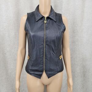 St. Maarten Vintage Women's Black Leather Vest Sleeveless Jacket Quilted Gold